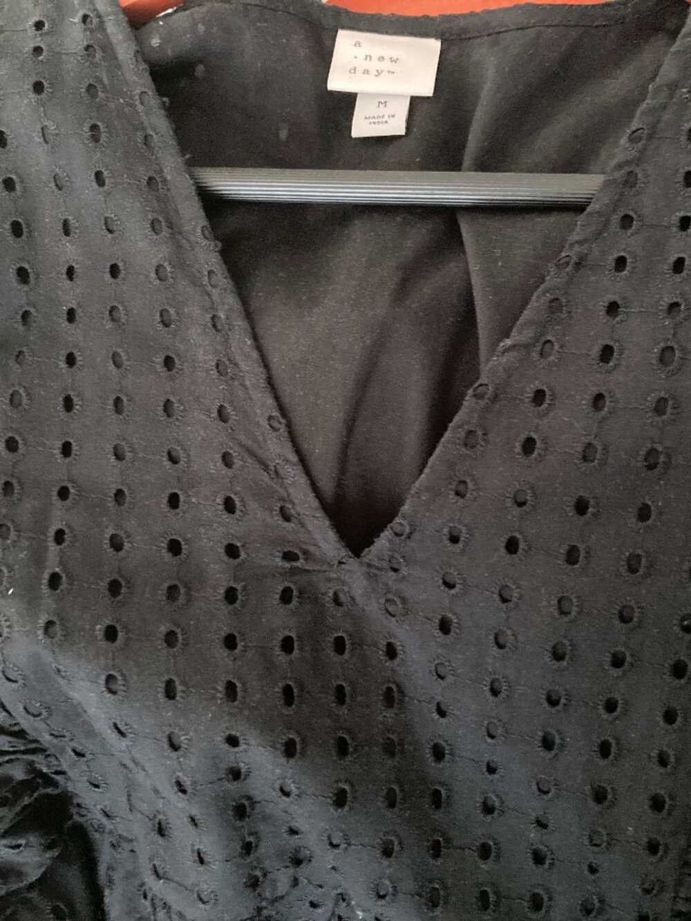 A New Day Black Eyelet Dress Puff Sleeve V-Neck Medium Fully Lined Summer Fall